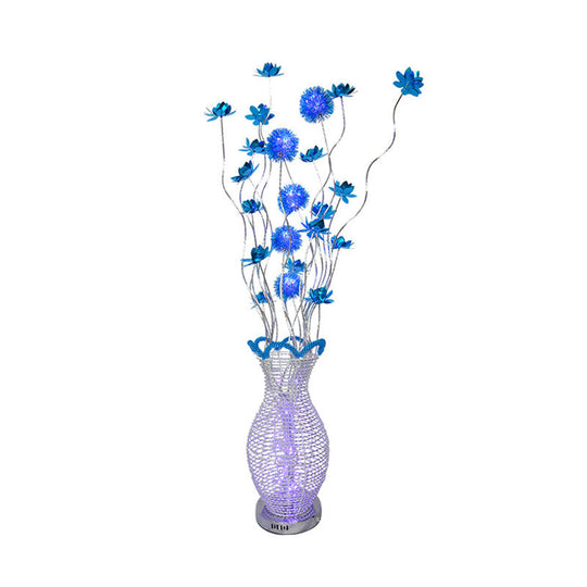 Blue Led Curvy Floor Lamp With Aluminum Urn And Floral Art Decor