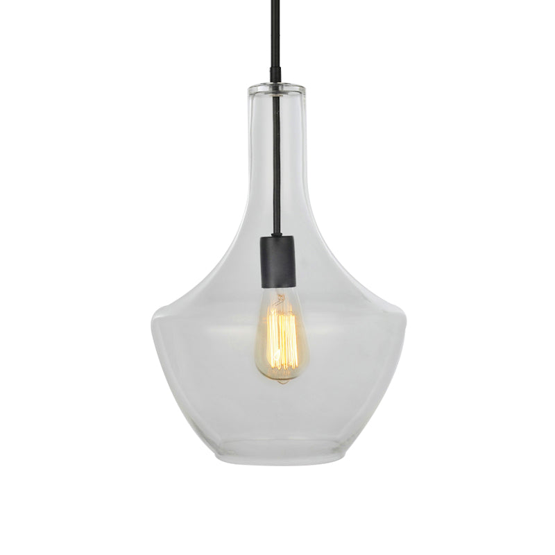Wide Urn Shape Clear Glass Pendant Lamp - Modernist 1 Light Black Hanging
