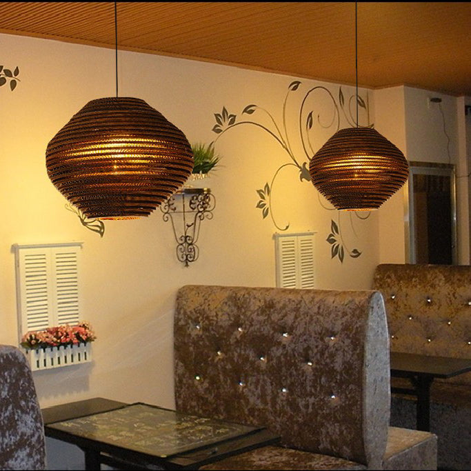 Asian Style Hanging Lamp - Paper Dome Shade Ceiling Drop Light (1 Bulb) in Brown for Restaurants - 10"/14"/16"/22" Diameter