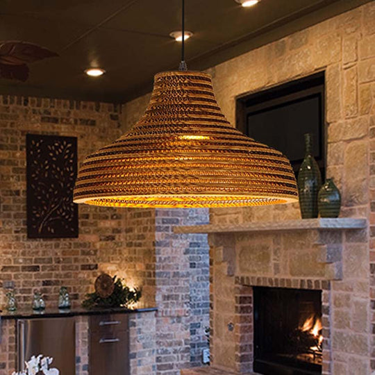 Asian Style Hanging Lamp - Paper Dome Shade Ceiling Drop Light (1 Bulb) in Brown for Restaurants - 10"/14"/16"/22" Diameter