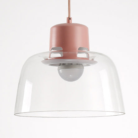 Post Modern Clear Glass Pendant Lamp With Grey Blue And Green Bowl Design Pink