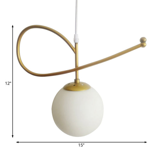 Gold Finished Bedroom Pendant Light With Contemporary Globe Shade In White Glass