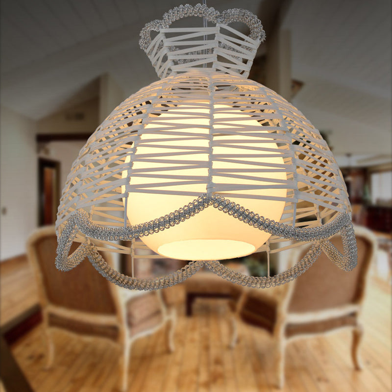 Modern 1 Light Rattan Pendant Lamp With Scalloped Shade - White