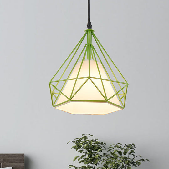 Vintage Diamond Cage Hanging Lamp - 10/15 Dia Metallic Pendant Light With Green/Yellow Fabric Shade