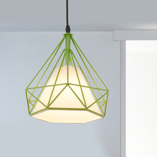 Lampe suspendue rétro en forme de cage à diamants - 10"/15" de diamètre - Luminaire suspendu métallique - Abat-jour en tissu vert/jaune