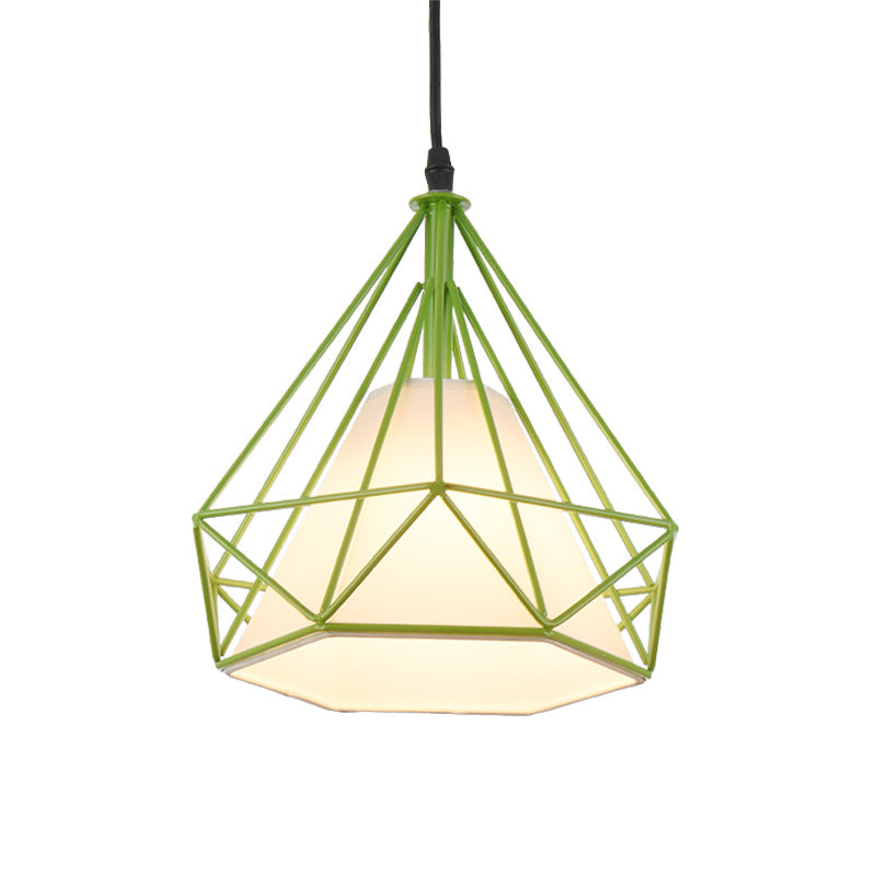 Vintage Diamond Cage Hanging Lamp - 10/15 Dia Metallic Pendant Light With Green/Yellow Fabric Shade