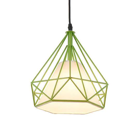 Vintage Diamond Cage Hanging Lamp - 10/15 Dia Metallic Pendant Light With Green/Yellow Fabric Shade