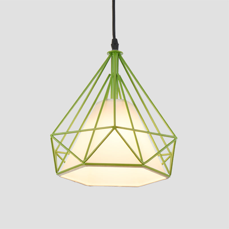 Vintage Diamond Cage Hanging Lamp - 10/15 Dia Metallic Pendant Light With Green/Yellow Fabric Shade