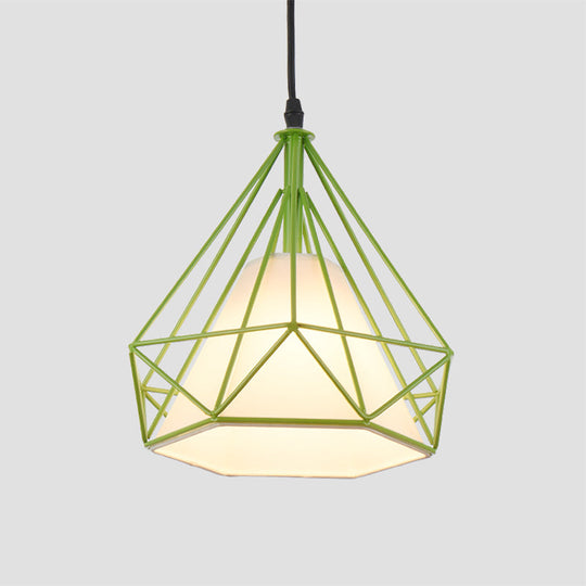 Vintage Diamond Cage Hanging Lamp - 10/15 Dia Metallic Pendant Light With Green/Yellow Fabric Shade