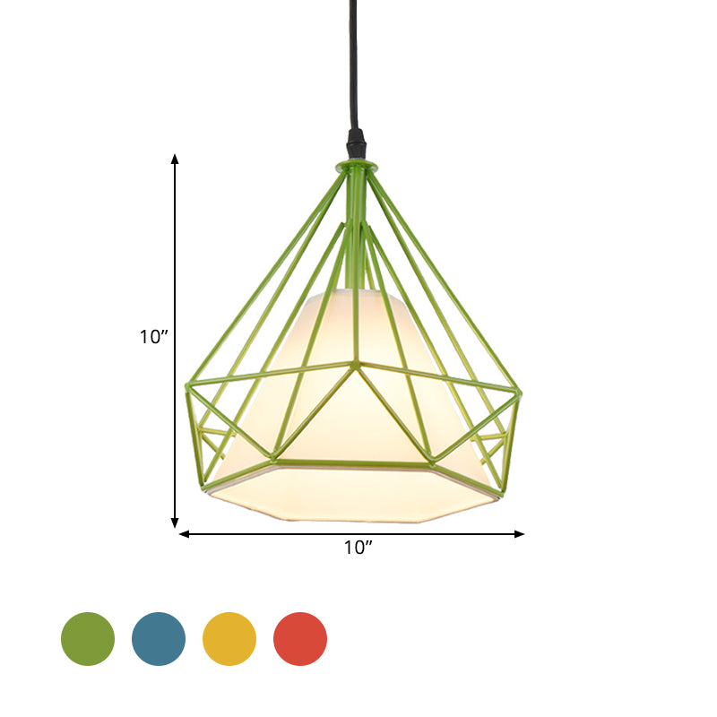 Vintage Diamond Cage Hanging Lamp - 10/15 Dia Metallic Pendant Light With Green/Yellow Fabric Shade