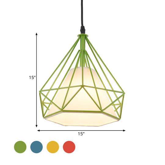Vintage Diamond Cage Hanging Lamp - 10/15 Dia Metallic Pendant Light With Green/Yellow Fabric Shade
