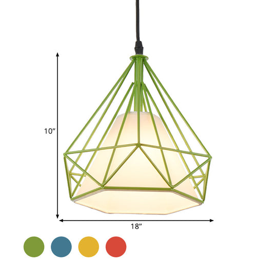 Vintage Diamond Cage Hanging Lamp - 10/15 Dia Metallic Pendant Light With Green/Yellow Fabric Shade
