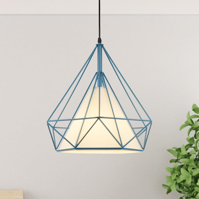 Vintage Diamond Cage Hanging Lamp - 10/15 Dia Metallic Pendant Light With Green/Yellow Fabric Shade
