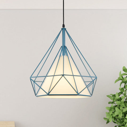 Vintage Diamond Cage Hanging Lamp - 10/15 Dia Metallic Pendant Light With Green/Yellow Fabric Shade