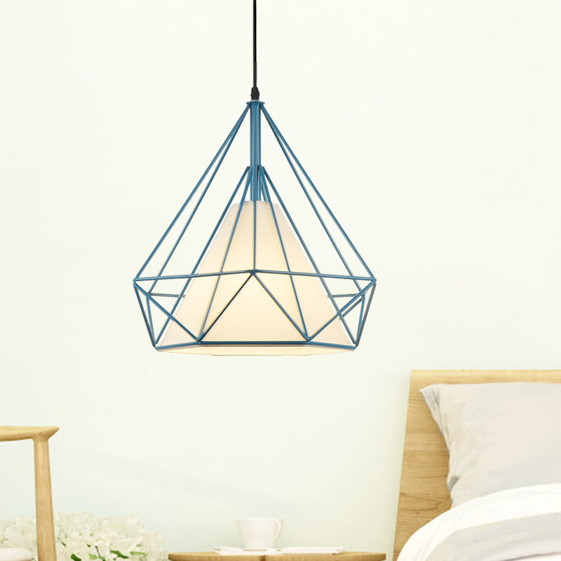 Lampe suspendue rétro en forme de cage à diamants - 10"/15" de diamètre - Luminaire suspendu métallique - Abat-jour en tissu vert/jaune