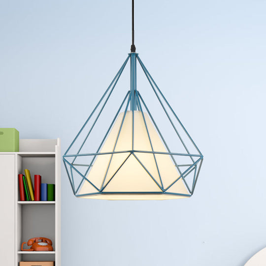 Lampe suspendue rétro en forme de cage à diamants - 10"/15" de diamètre - Luminaire suspendu métallique - Abat-jour en tissu vert/jaune