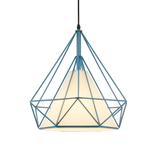 Vintage Diamond Cage Hanging Lamp - 10/15 Dia Metallic Pendant Light With Green/Yellow Fabric Shade