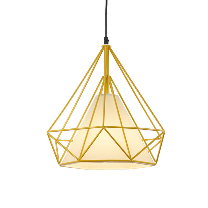 Lampe suspendue rétro en forme de cage à diamants - 10"/15" de diamètre - Luminaire suspendu métallique - Abat-jour en tissu vert/jaune