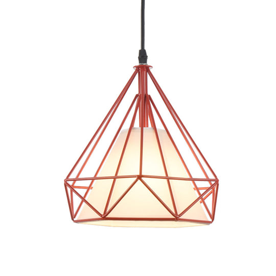 Vintage Diamond Cage Hanging Lamp - 10/15 Dia Metallic Pendant Light With Green/Yellow Fabric Shade