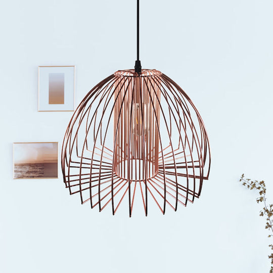 Industrial Wire Frame Pendant Light with Metallic Dome Shade for Living Room - Black/Copper