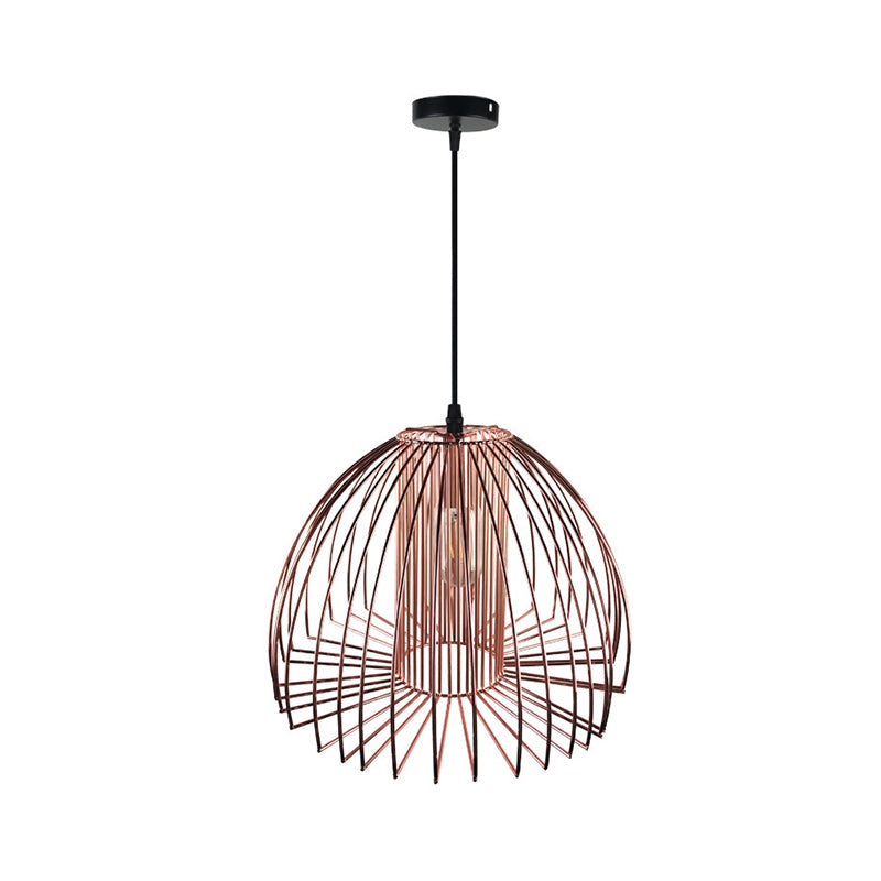 Industrial Wire Frame Pendant Light with Metallic Dome Shade for Living Room - Black/Copper