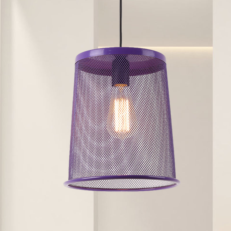 Stylish Vintage Silver/Red Cylinder Pendant Light: Hanging Lamp With Mesh Cage Shade - Ideal For