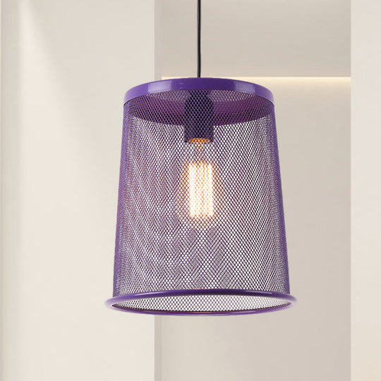Stylish Vintage Silver/Red Cylinder Pendant Light: Hanging Lamp With Mesh Cage Shade - Ideal For
