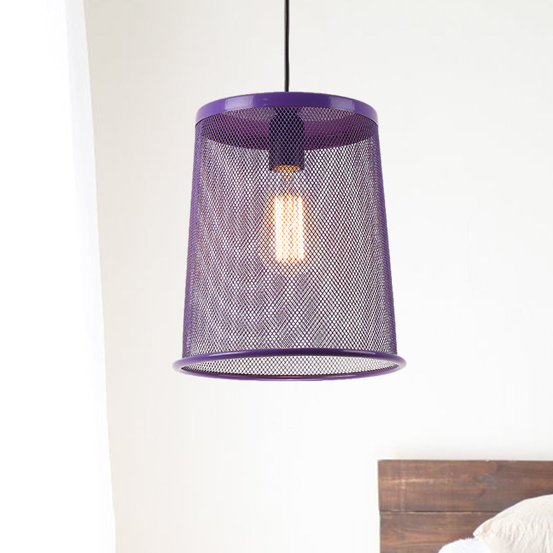 Vintage Silver/Red Cylinder Pendant Light with Mesh Cage Shade - Stylish Dining Room Hanging Lamp (1 Bulb)