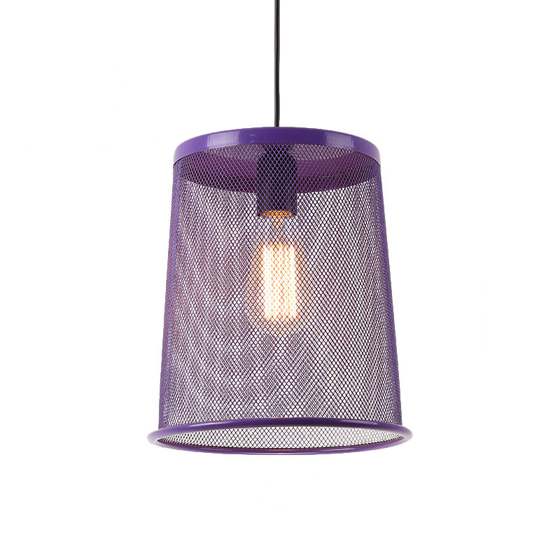 Stylish Vintage Silver/Red Cylinder Pendant Light: Hanging Lamp With Mesh Cage Shade - Ideal For