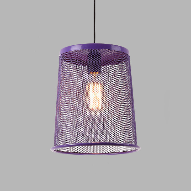 Stylish Vintage Silver/Red Cylinder Pendant Light: Hanging Lamp With Mesh Cage Shade - Ideal For