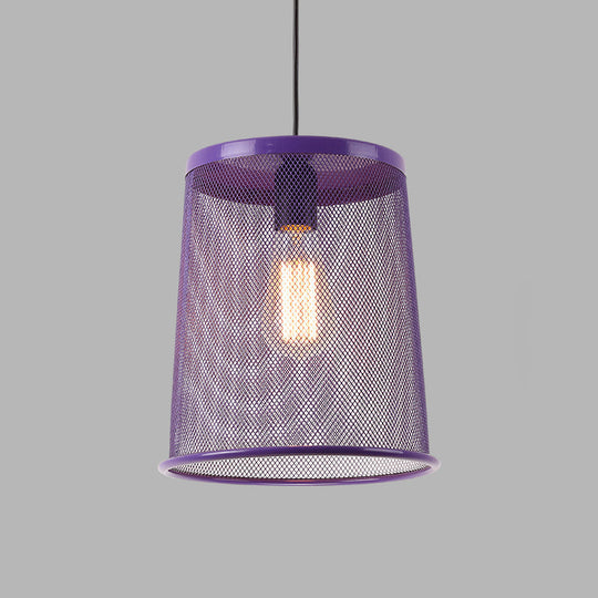 Stylish Vintage Silver/Red Cylinder Pendant Light: Hanging Lamp With Mesh Cage Shade - Ideal For