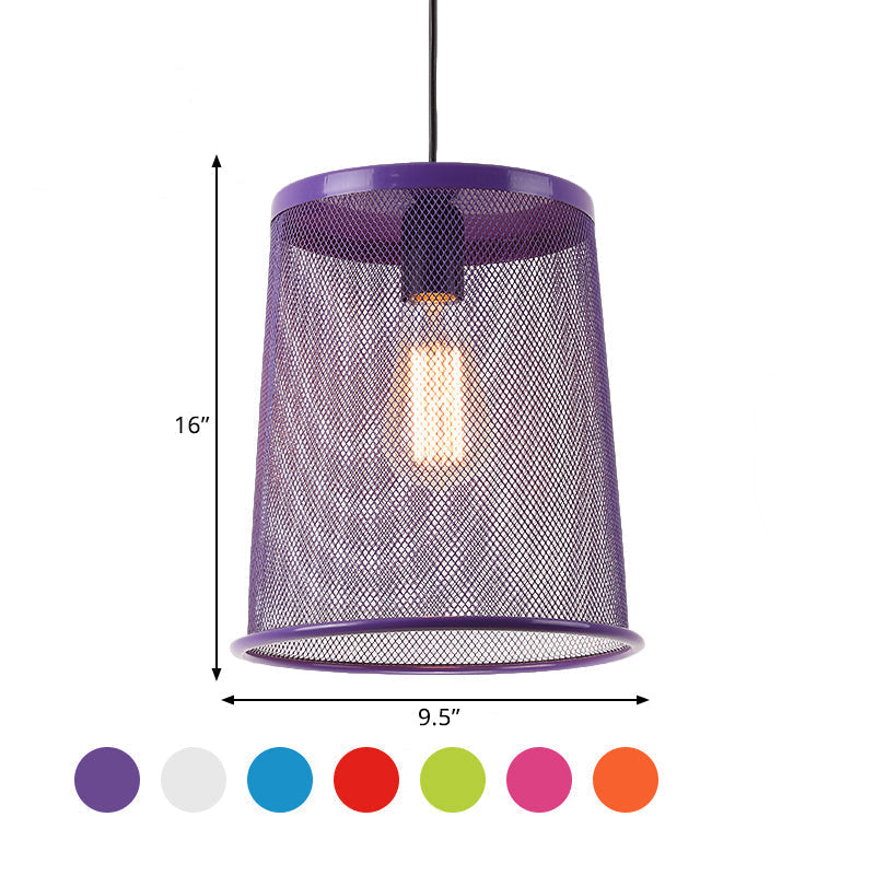 Stylish Vintage Silver/Red Cylinder Pendant Light: Hanging Lamp With Mesh Cage Shade - Ideal For