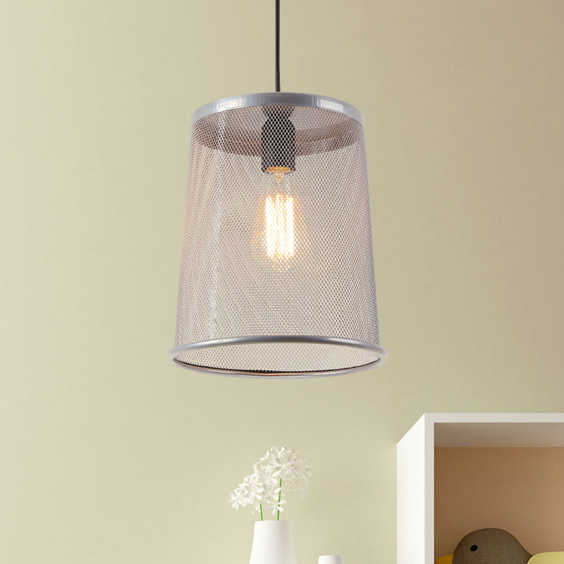 Stylish Vintage Silver/Red Cylinder Pendant Light: Hanging Lamp With Mesh Cage Shade - Ideal For