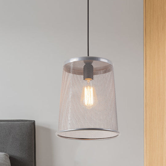 Stylish Vintage Silver/Red Cylinder Pendant Light: Hanging Lamp With Mesh Cage Shade - Ideal For