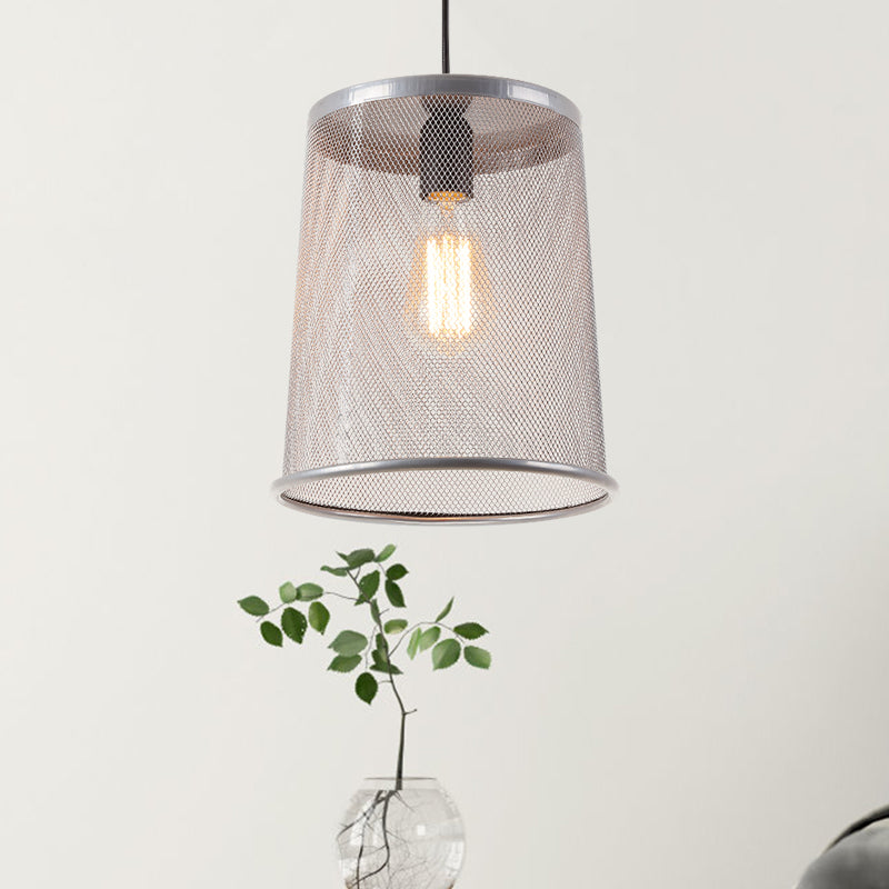 Stylish Vintage Silver/Red Cylinder Pendant Light: Hanging Lamp With Mesh Cage Shade - Ideal For