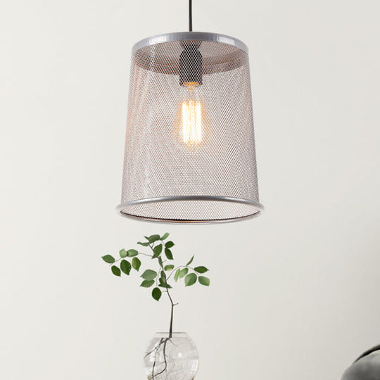 Stylish Vintage Silver/Red Cylinder Pendant Light: Hanging Lamp With Mesh Cage Shade - Ideal For