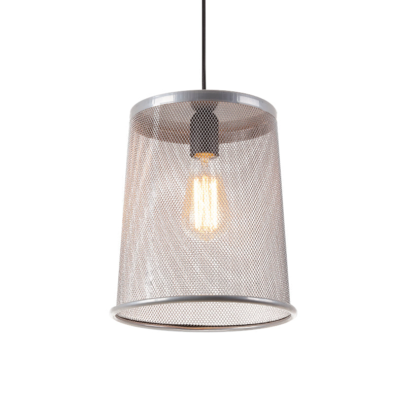 Stylish Vintage Silver/Red Cylinder Pendant Light: Hanging Lamp With Mesh Cage Shade - Ideal For