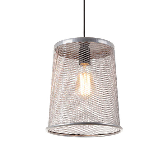 Stylish Vintage Silver/Red Cylinder Pendant Light: Hanging Lamp With Mesh Cage Shade - Ideal For
