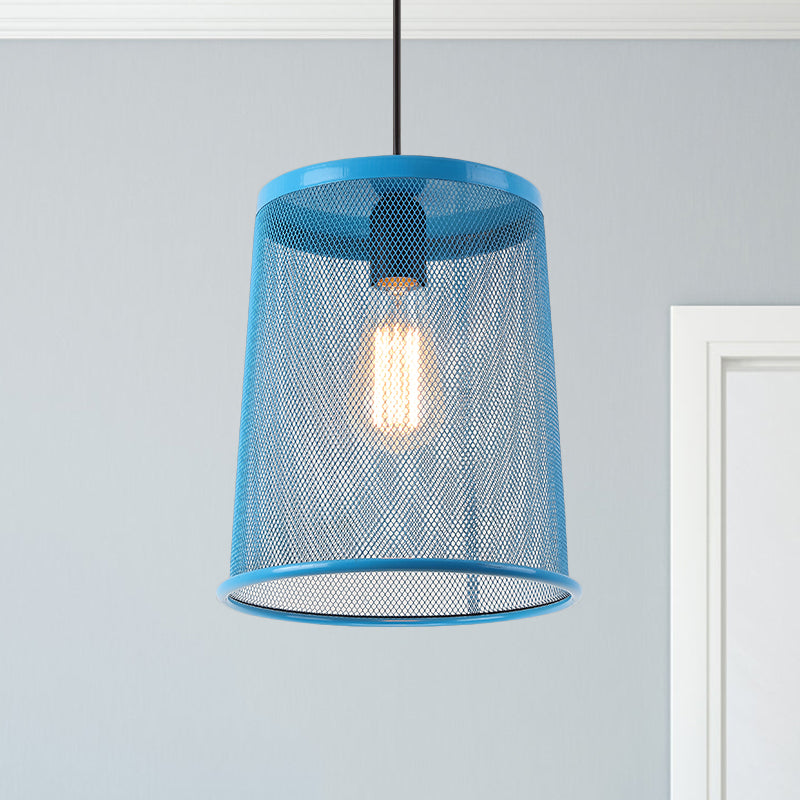 Stylish Vintage Silver/Red Cylinder Pendant Light: Hanging Lamp With Mesh Cage Shade - Ideal For