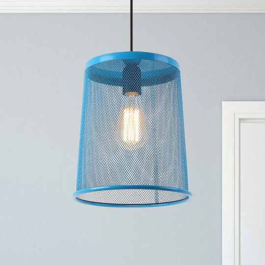 Stylish Vintage Silver/Red Cylinder Pendant Light: Hanging Lamp With Mesh Cage Shade - Ideal For