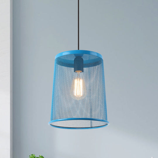 Stylish Vintage Silver/Red Cylinder Pendant Light: Hanging Lamp With Mesh Cage Shade - Ideal For
