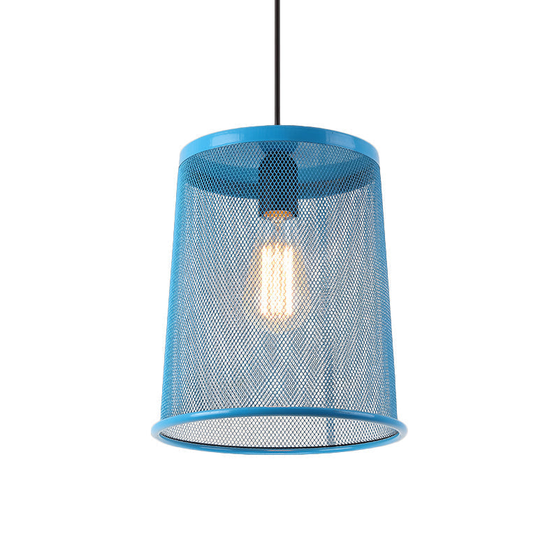 Stylish Vintage Silver/Red Cylinder Pendant Light: Hanging Lamp With Mesh Cage Shade - Ideal For