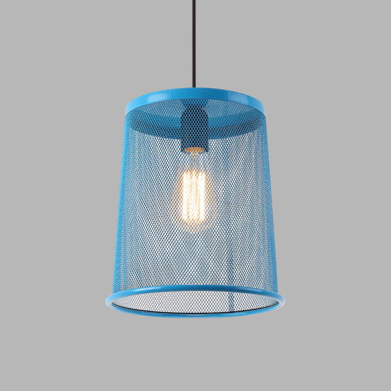 Stylish Vintage Silver/Red Cylinder Pendant Light: Hanging Lamp With Mesh Cage Shade - Ideal For