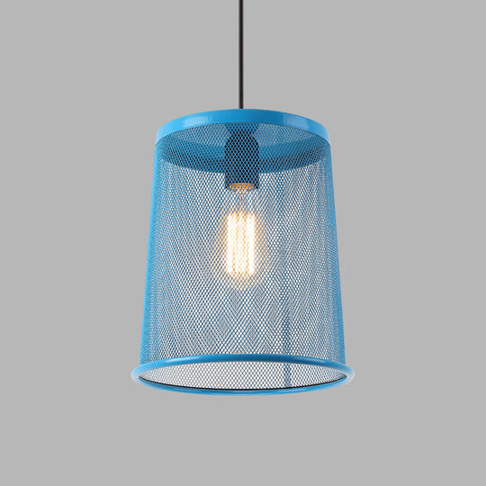 Stylish Vintage Silver/Red Cylinder Pendant Light: Hanging Lamp With Mesh Cage Shade - Ideal For