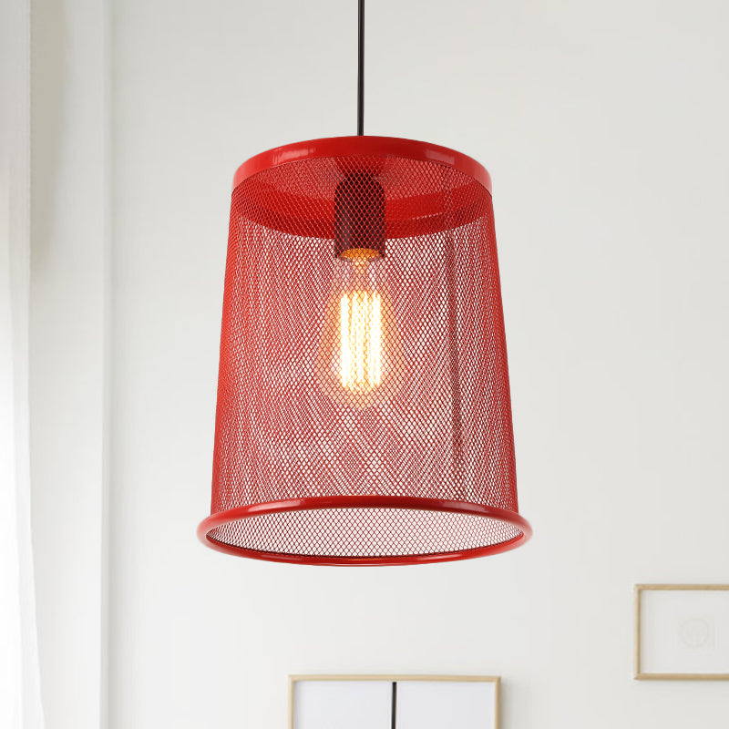 Stylish Vintage Silver/Red Cylinder Pendant Light: Hanging Lamp With Mesh Cage Shade - Ideal For