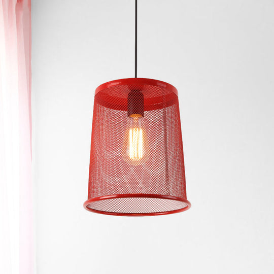 Stylish Vintage Silver/Red Cylinder Pendant Light: Hanging Lamp With Mesh Cage Shade - Ideal For