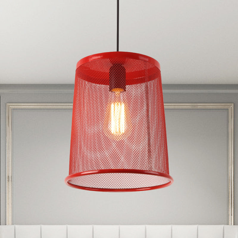 Stylish Vintage Silver/Red Cylinder Pendant Light: Hanging Lamp With Mesh Cage Shade - Ideal For