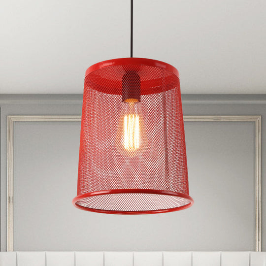 Stylish Vintage Silver/Red Cylinder Pendant Light: Hanging Lamp With Mesh Cage Shade - Ideal For
