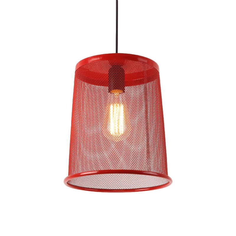 Stylish Vintage Silver/Red Cylinder Pendant Light: Hanging Lamp With Mesh Cage Shade - Ideal For