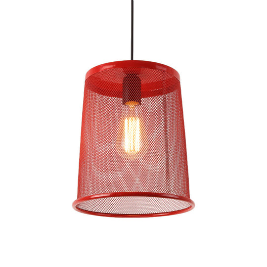 Stylish Vintage Silver/Red Cylinder Pendant Light: Hanging Lamp With Mesh Cage Shade - Ideal For